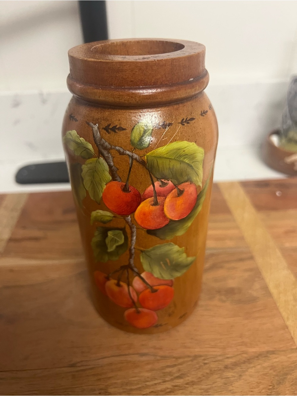Hand-Painted Wooden Vase with Cherry Motif - Warm Wood Tones